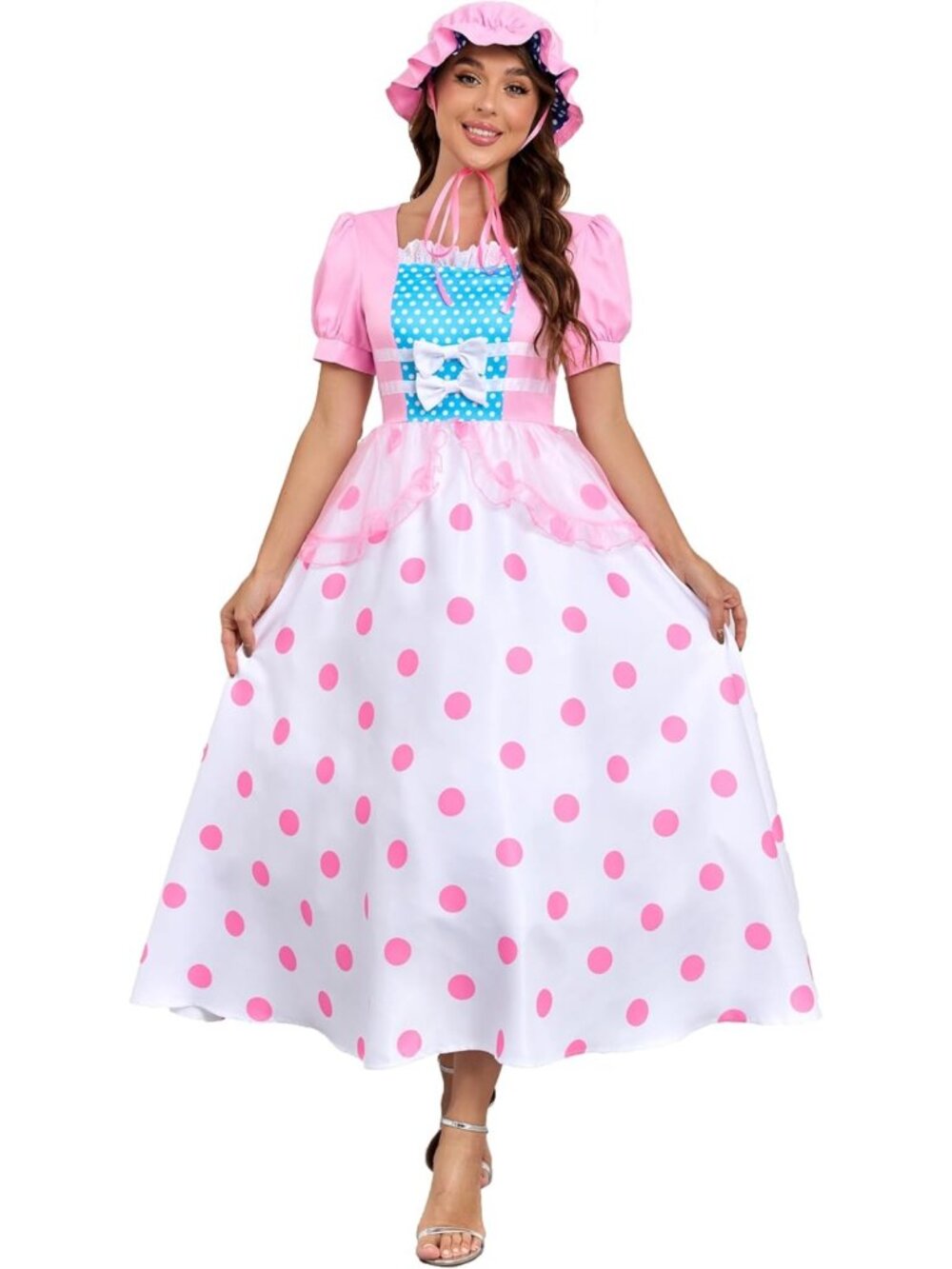 Charming Women's Bo Peep Costume with Pink Bonnet & Polka Dot Dress - Halloween